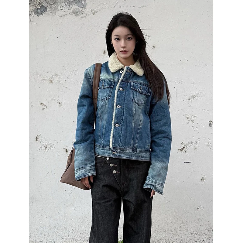 dert牛仔外套男款秋冬季加厚羊羔绒工装夹克美式复古格纹拼接棉服