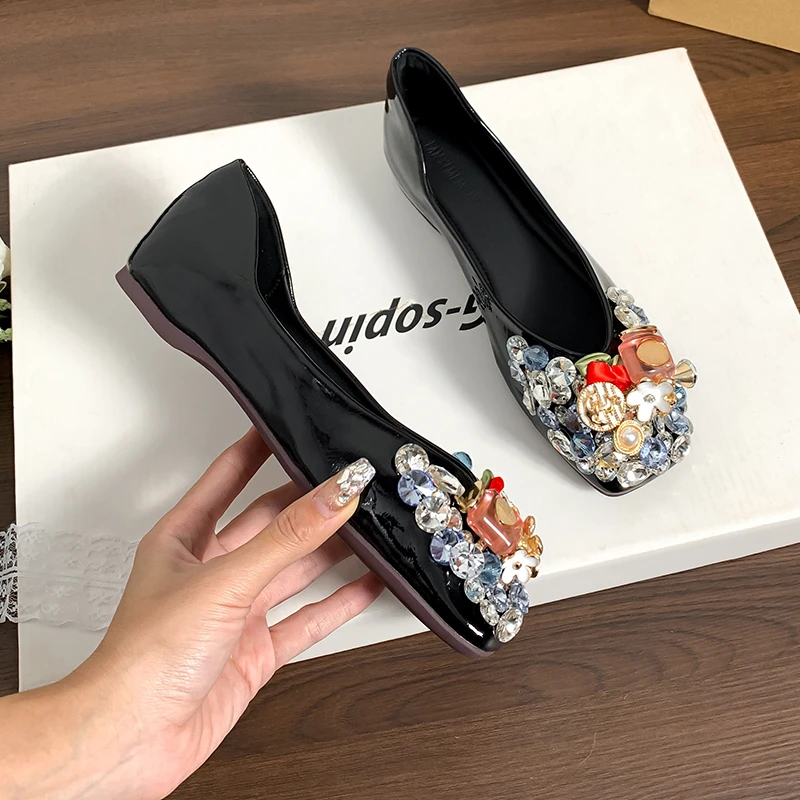 2025新款方头平底单鞋纯手工镶嵌水钻设计高级百搭清新时尚