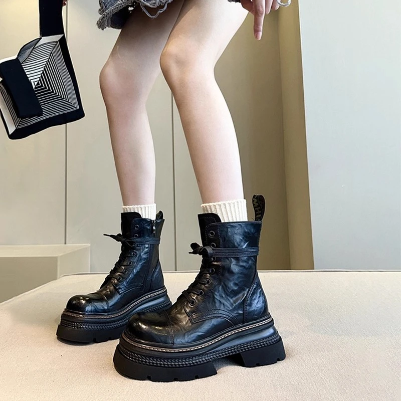 酷飒辣妹+欧美风真皮复古马丁靴女厚底增高粗跟系带侧拉链马丁靴