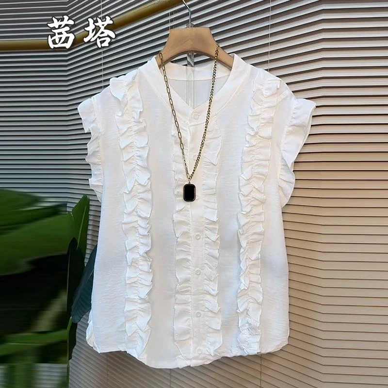2025夏季新款时尚微胖MM大码纯色木耳边气质显瘦无袖减龄衬衫上衣