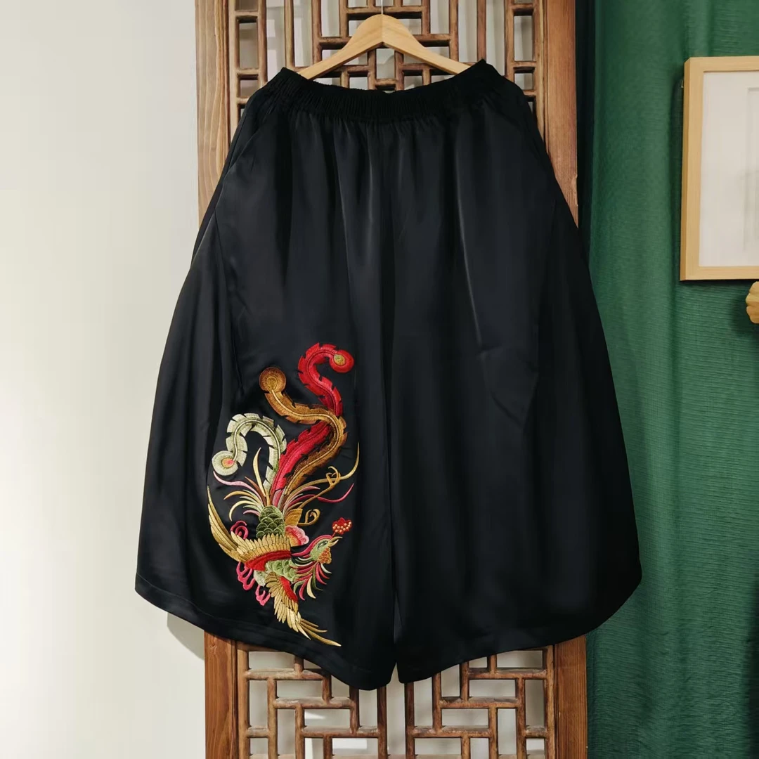 （ LK040-130）凤徕兮定制黑色光板底彩凤刺绣全松紧加衬花苞裤