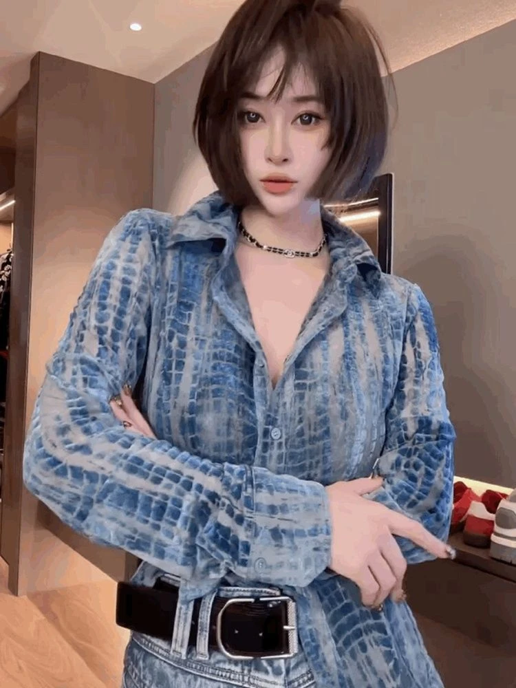 高级感条纹植绒长袖衬衫女修身POLO领上衣设计感小众气质轻奢衬衣