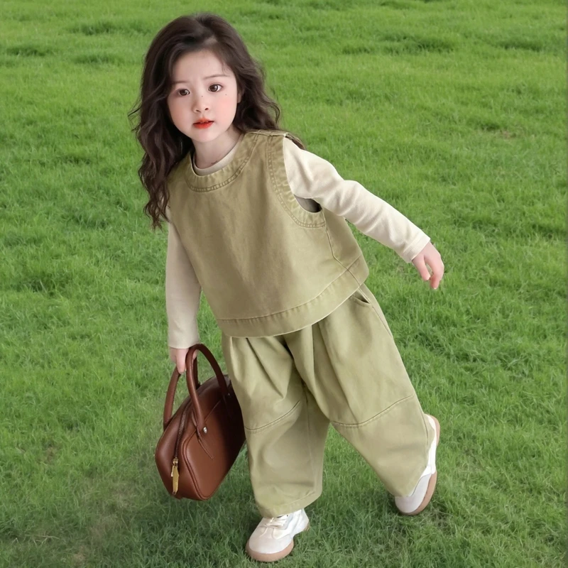 女童春装马甲三件套2025新款时髦工装裤套装春秋儿童女童早秋衣服