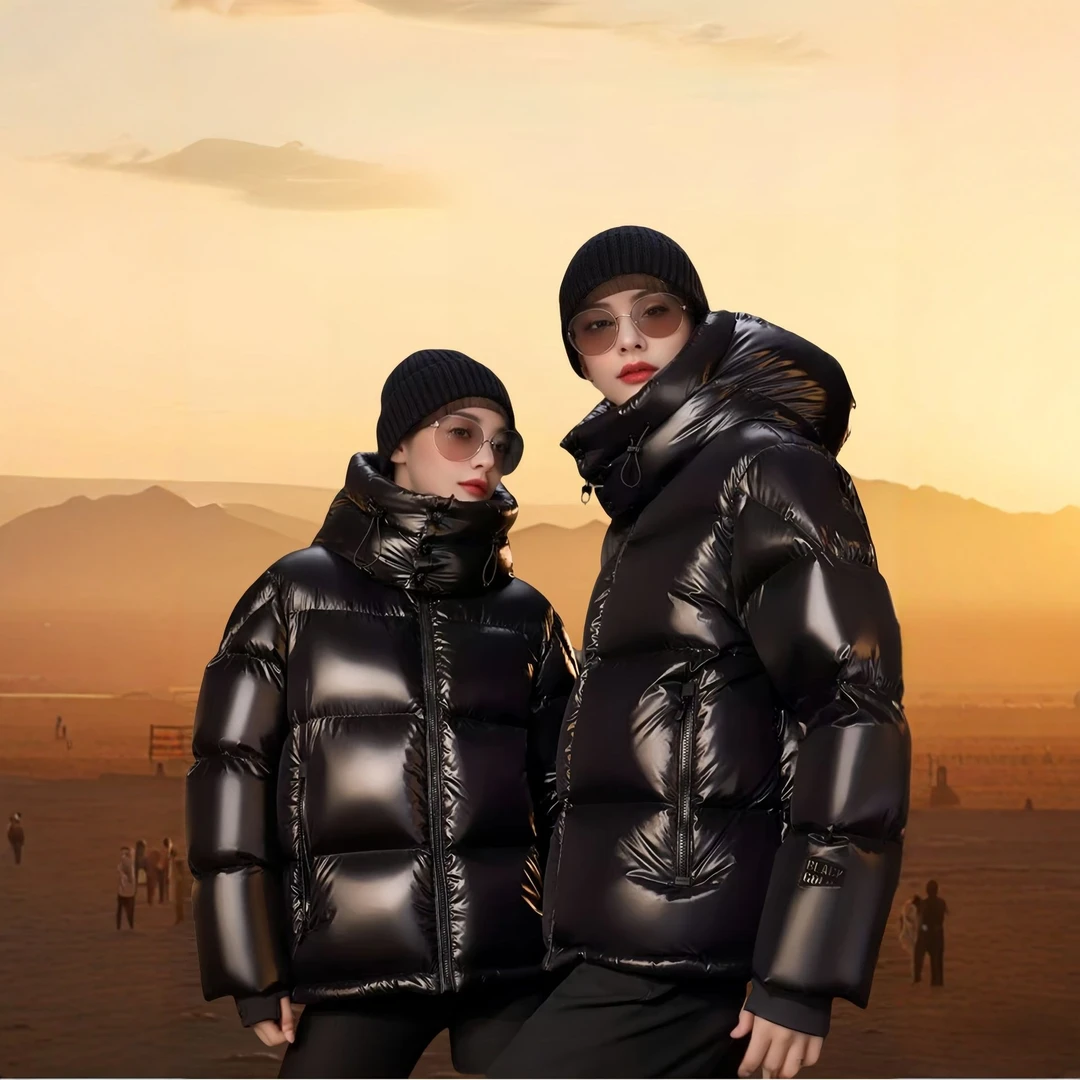 黑金鹅绒服黑钻3.0四格短款小个子加厚保暖冬季情侣黑色羽绒服女