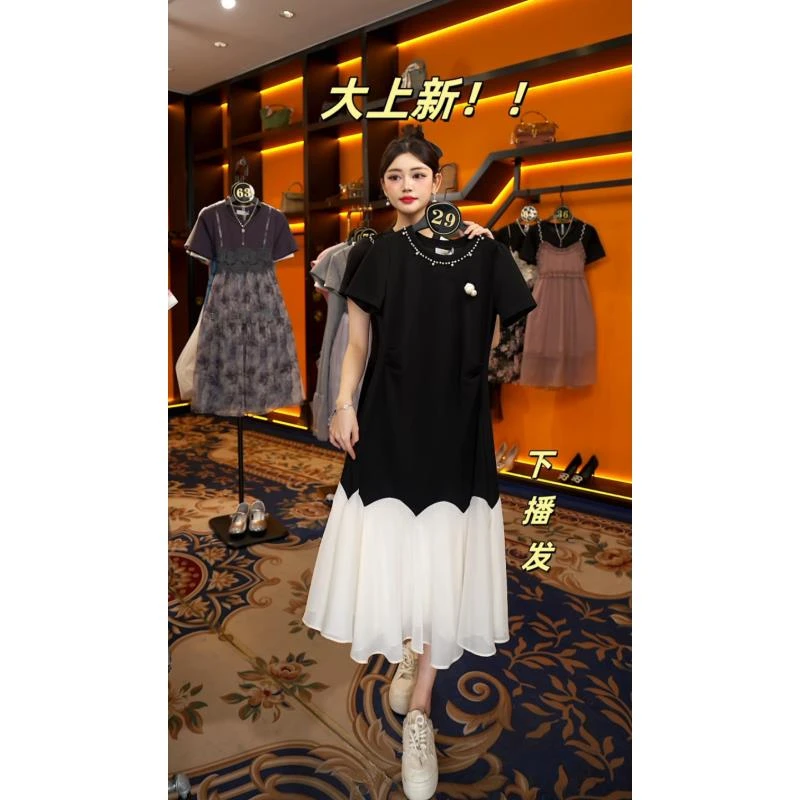 【linda】【29】拼接玫瑰花钉珠设计款百搭休闲显瘦连衣裙JC-A2892