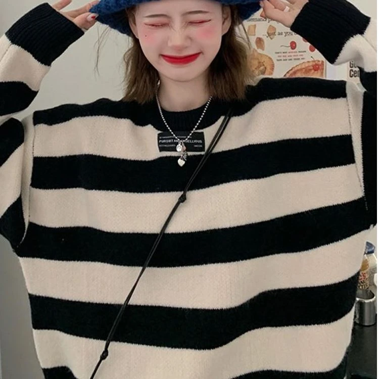 新款#撞色条纹针织衫春秋韩版宽松慵懒风加厚圆领套头显瘦女潮