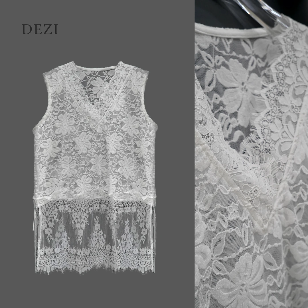 DEZI宝藏衣橱下摆镂空设计感V领蕾丝花型女吊带背心LS8108066