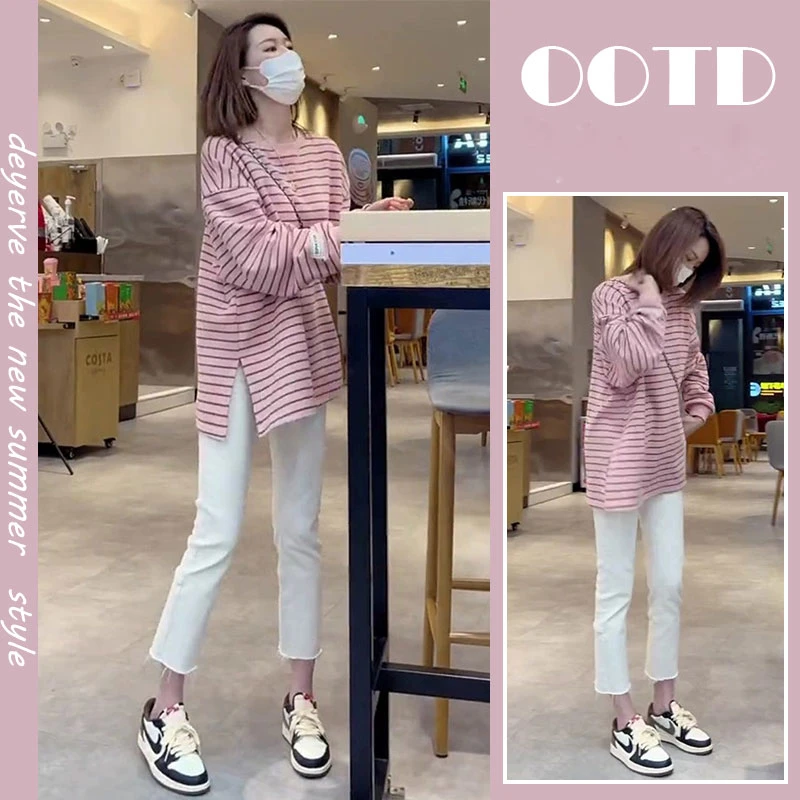 秋季穿搭一整套女2025新款韩版粉色条纹长袖t恤搭白色裤子两件套