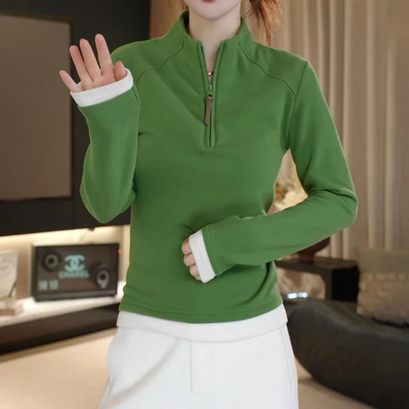 气质修身内搭长袖T恤上衣女秋冬微胖mm时尚半拉链立领加绒打底衫