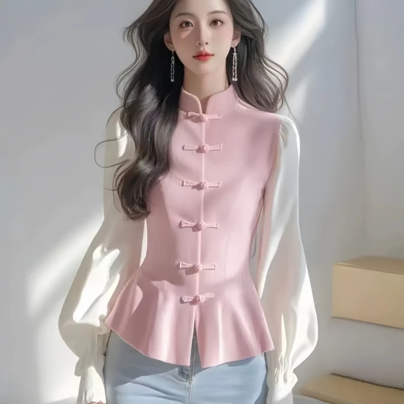 新中式国风超好看独特漂亮粉白撞色盘扣衬衫女高级感轻奢减龄洋气