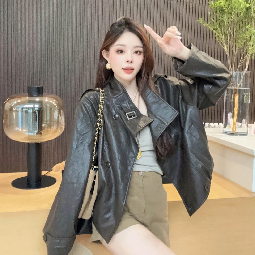 【晓溪服饰】双排扣立领女装复古宽松休闲长袖显瘦纽扣短款皮衣6515