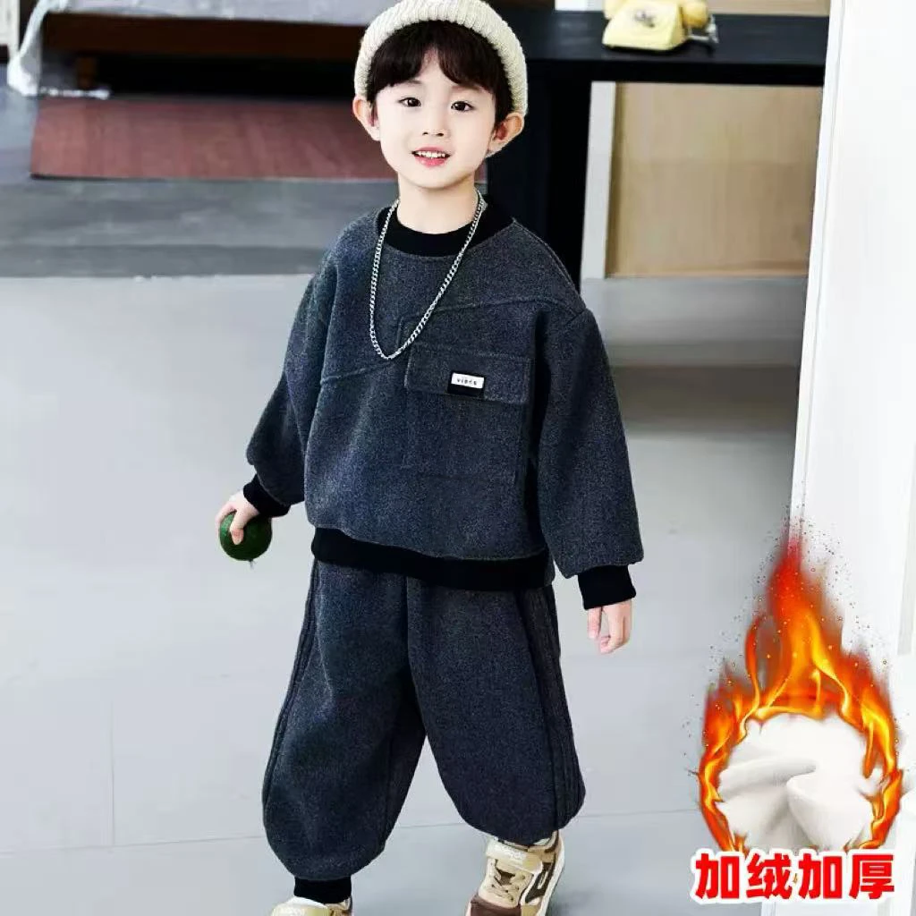 2025男童加绒卫衣套装深秋冬新款一体绒束脚裤韩版潮酷帅气潮童装