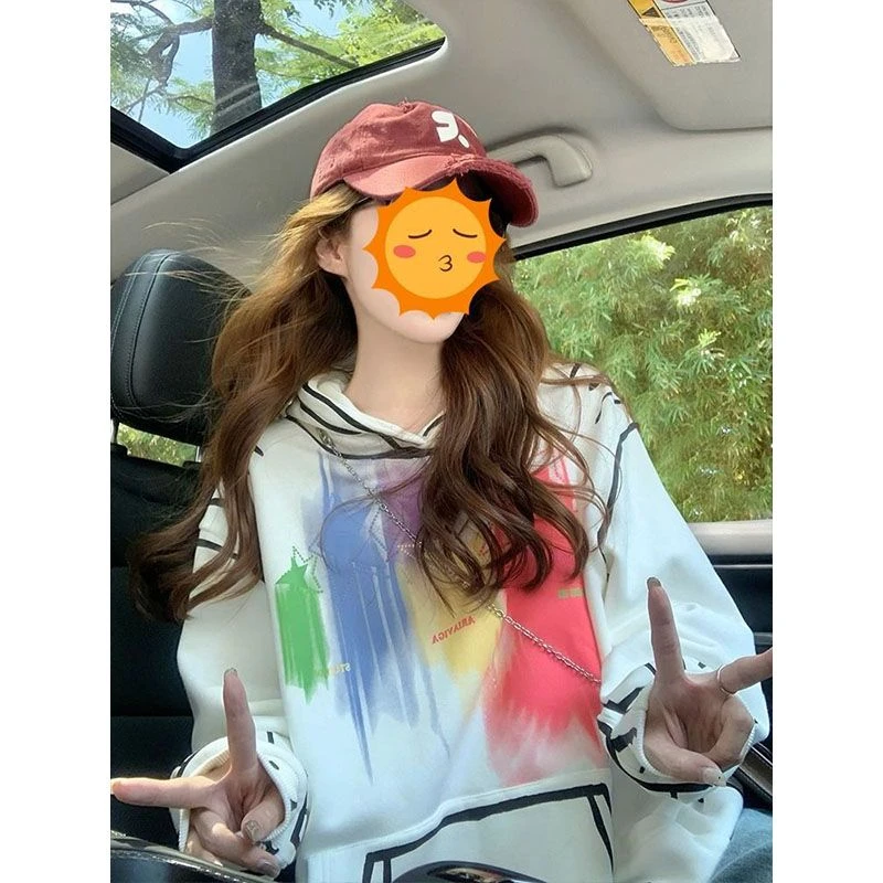 特大码200斤复古洋气涂鸦星星印花翻领卫衣女春季新款宽松外套ins