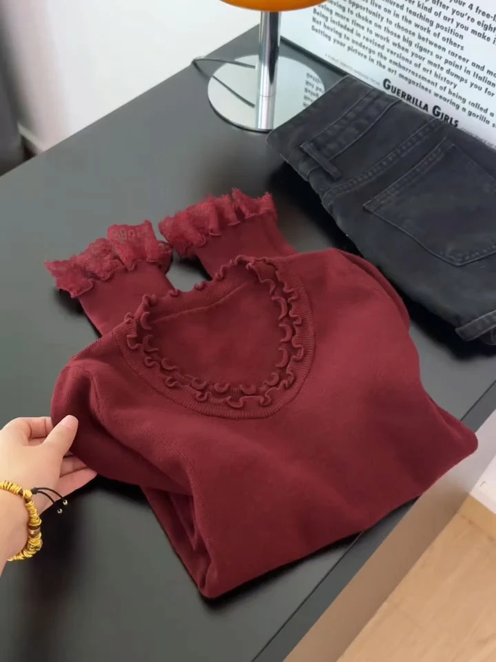 温柔复古韩版紫色毛衣女秋冬新款宽松慵懒风V领百搭蕾丝花边上衣