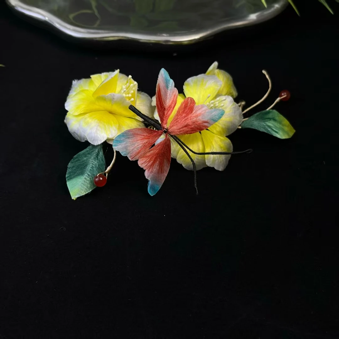 云鬓花古风饰品古装发饰仙气非遗绒花 蝶绕黄花（孤品汉服发冠B255