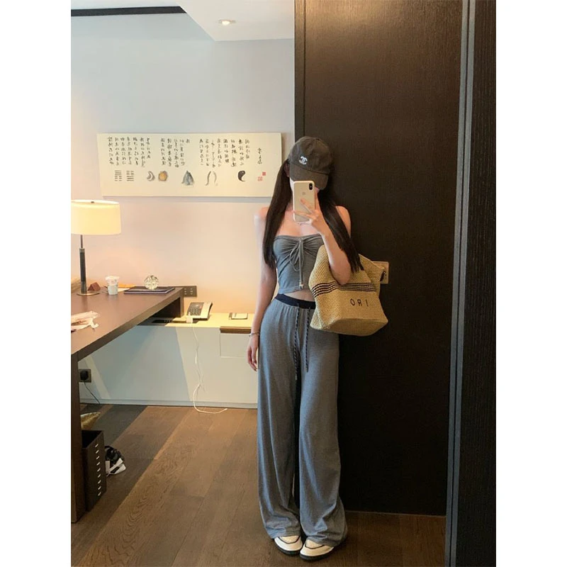 韩系新款运动风休闲百搭时尚小众挂脖抹胸背心高腰直筒裤长裤套装