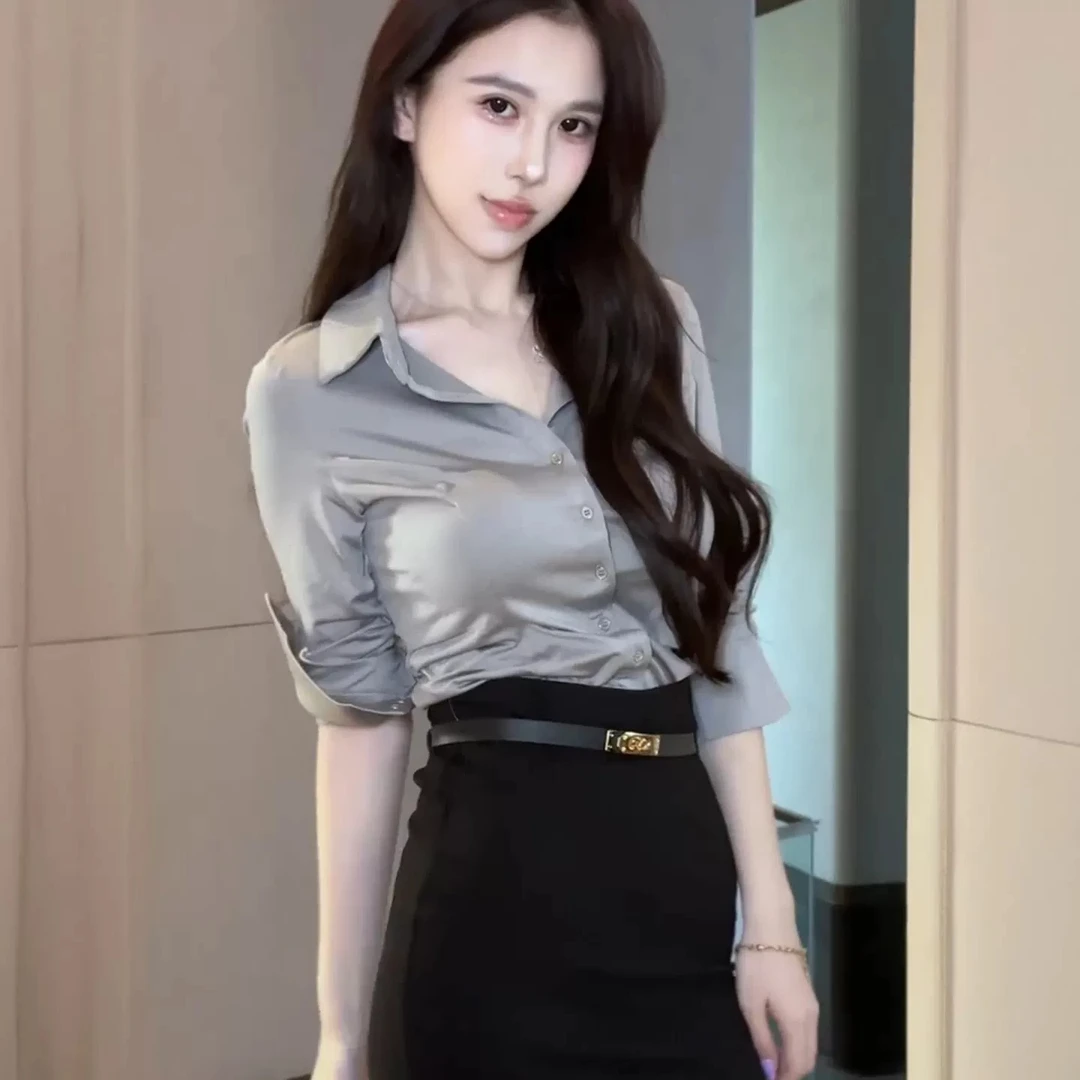 律政俏佳人御姐高级感气质OL套装灰色质感翻领衬衫修身显瘦包臀裙