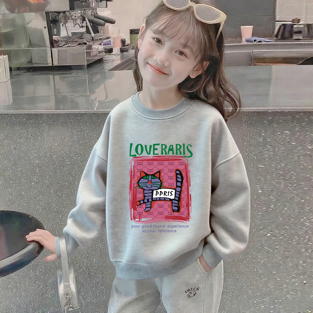 女童卫衣圆领春秋款纯棉2025新款韩版中大童小女孩秋冬加绒上衣服