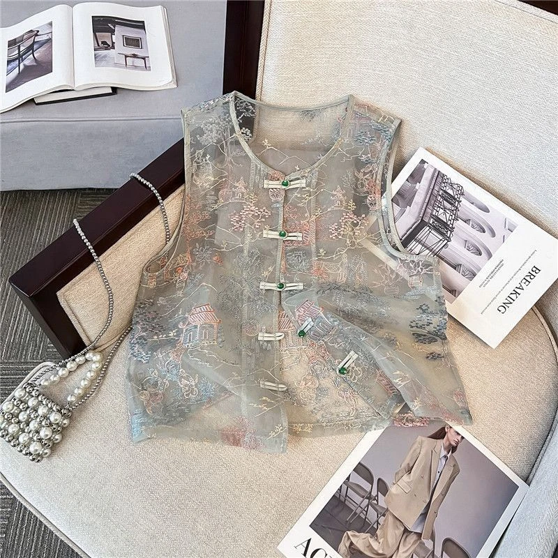 轻薄国风新中式马甲2025年夏季无袖背心重工刺绣坎肩