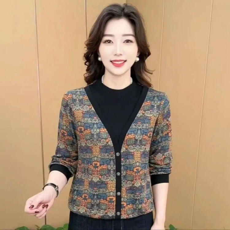 中老年女装秋季妈妈款假两件上衣妈妈装外搭秋季打底