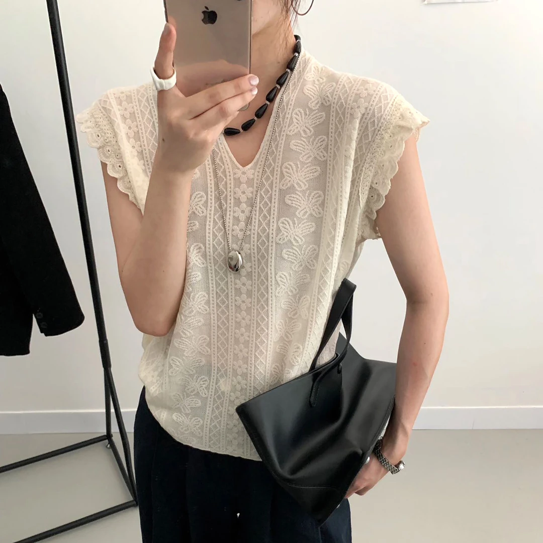 【大码】KJP2101胖mm百搭提花v领镂空显瘦针织衫背心女夏季飞袖上衣