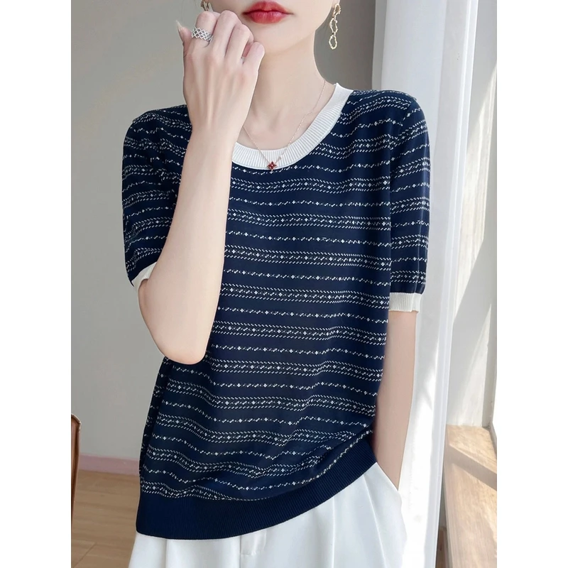 2025夏季新款时尚百搭100莱赛尔拼色条纹点点圆领短袖女上衣潮