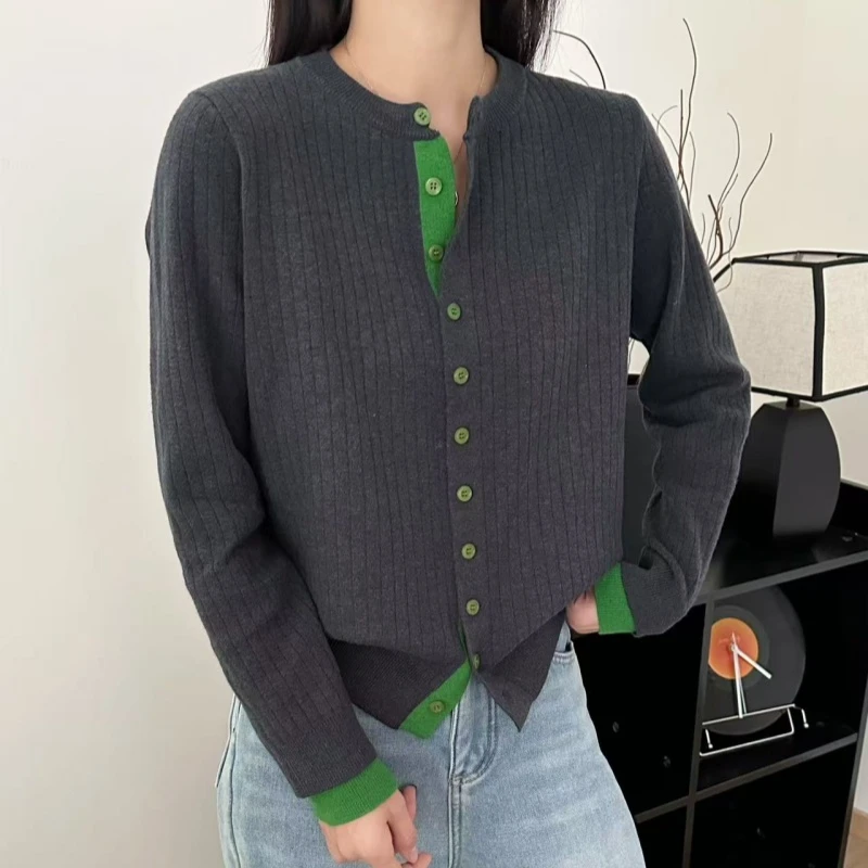 【100%含羊毛】2025春季新款圆领针织衫长袖开衫百搭气质毛衣女外套