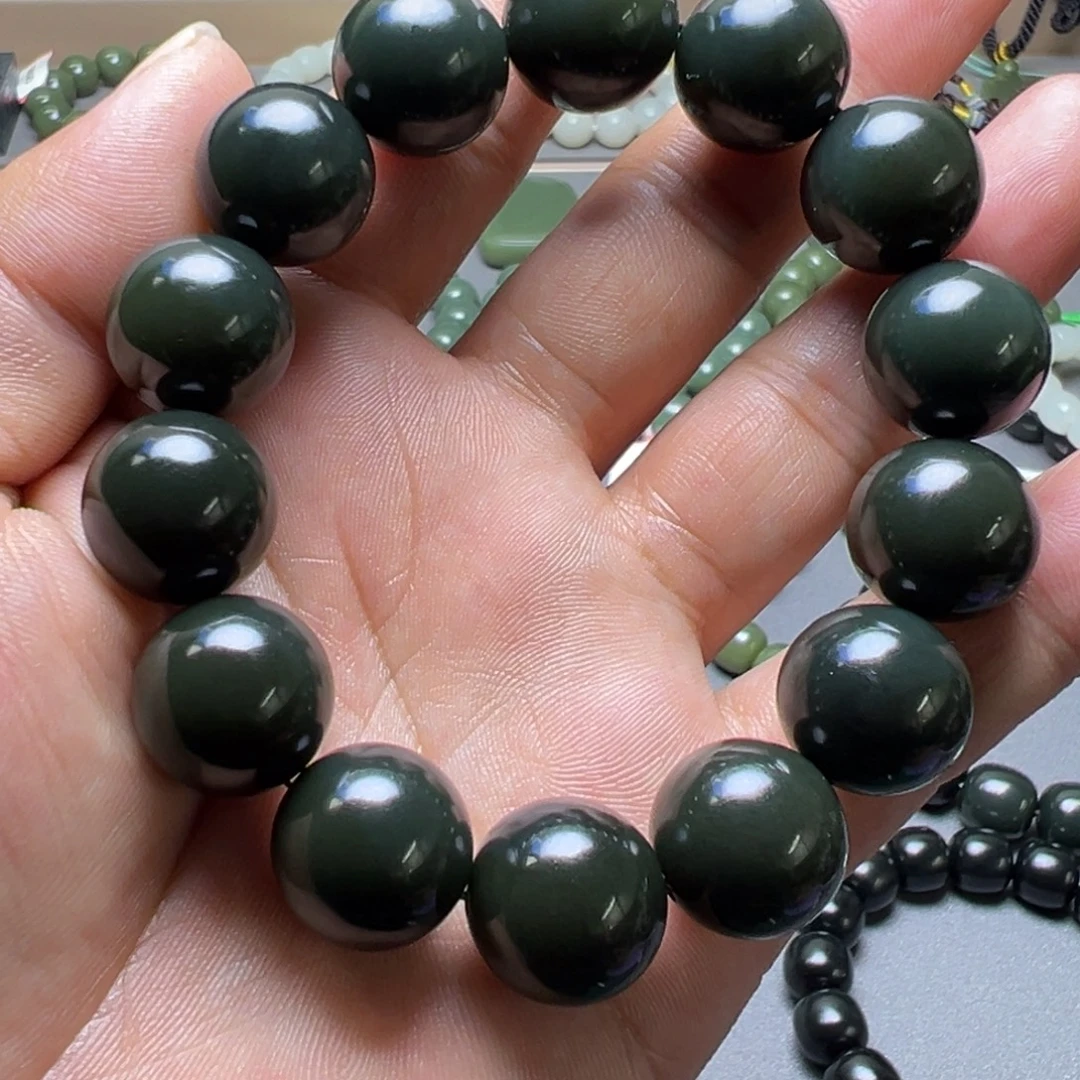 和田玉未镶嵌手链青海青卡16一细带糖