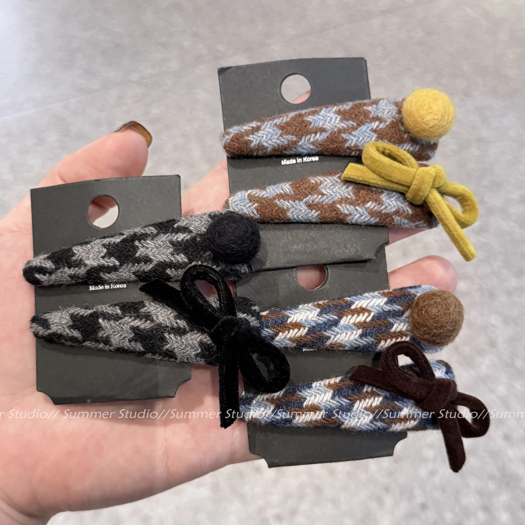 一对装~丝绒蝴蝶结毛呢千鸟格BB夹撞色发夹 时尚边夹前额刘海夹