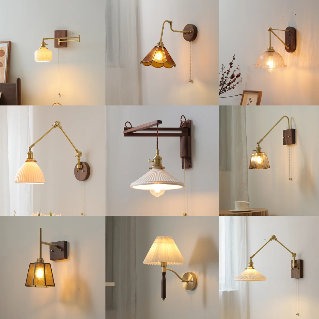胡桃木简约日式卧室床头灯餐厅背景墙书店黄铜焊锡玻璃带开关壁灯