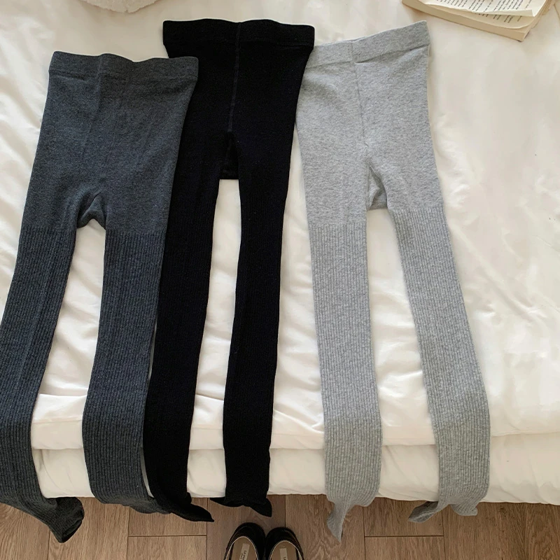 韩版气质黑灰色格雷系学院风连裤袜春秋季配小皮鞋显瘦竖纹打底裤