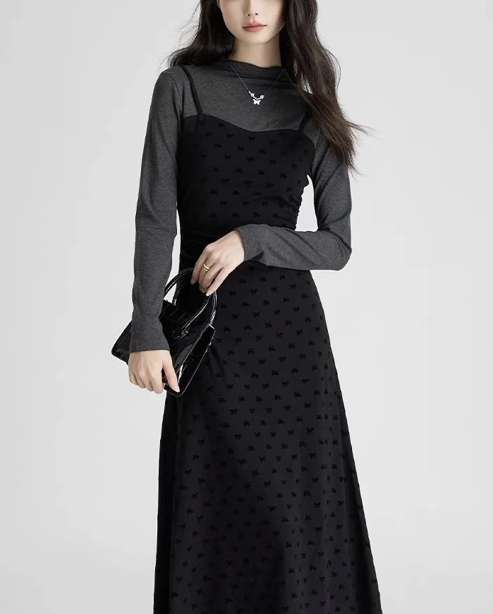 【运补6-8】【颂宋】秋季法式假两件半高领长袖针织连衣裙显瘦气质裙