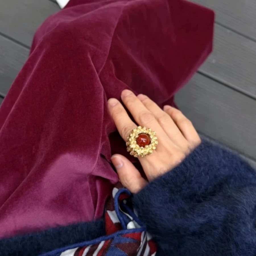 铜合金石英石戒指 欧美气质中古复古夸张女戒指时尚轻奢重工戒指