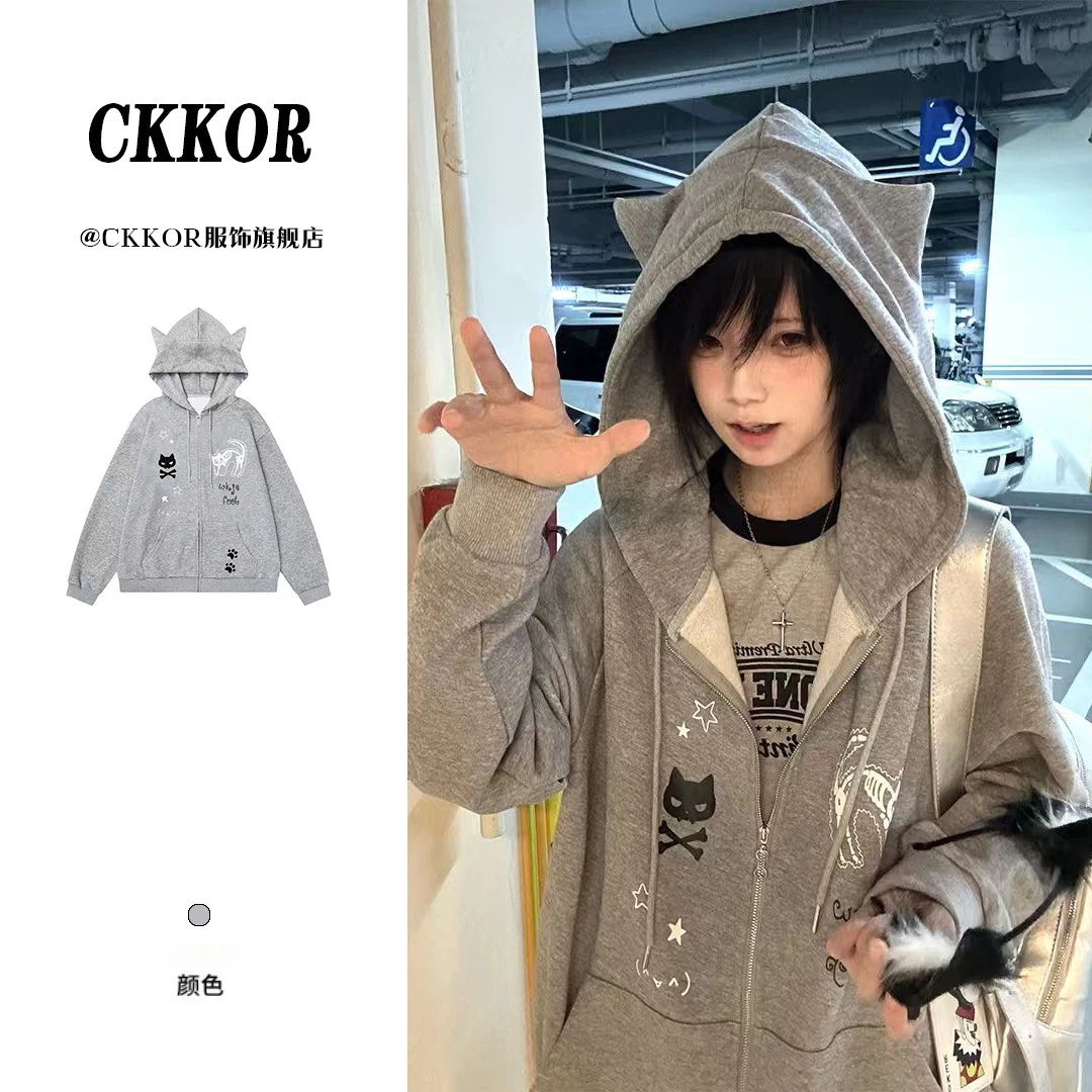 CKKOR日系少女风可爱卡通印花连帽卫衣女春秋款宽松百搭开衫外套