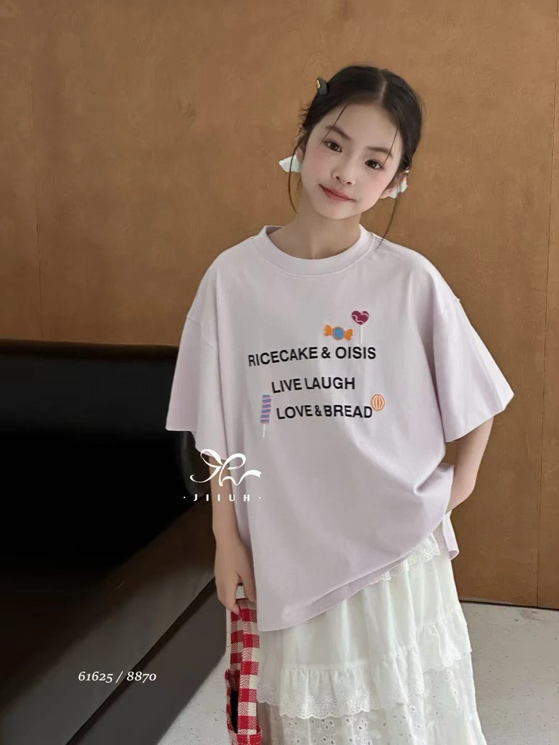 1625童装字母与糖果图案短袖T