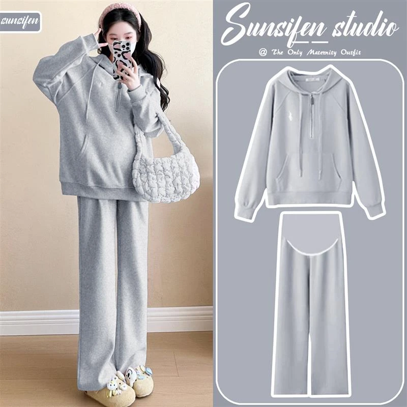 孕妇装秋套装2025新款时尚高级感连帽运动衫小个子灰色阔腿裤两件
