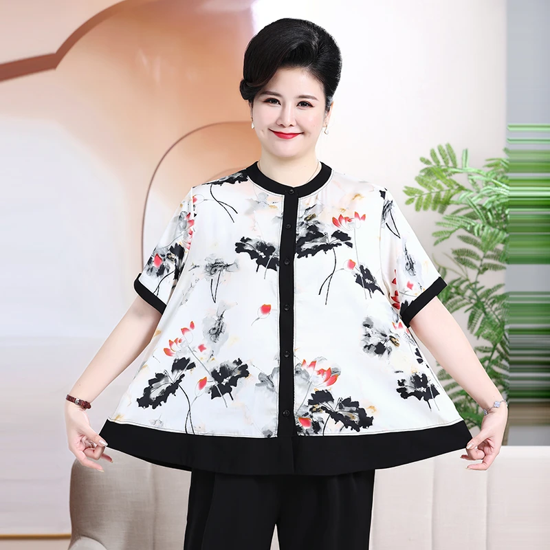 200斤大码薄款中老年小衫时尚宽松中国风妈妈装洋气短袖大码女装