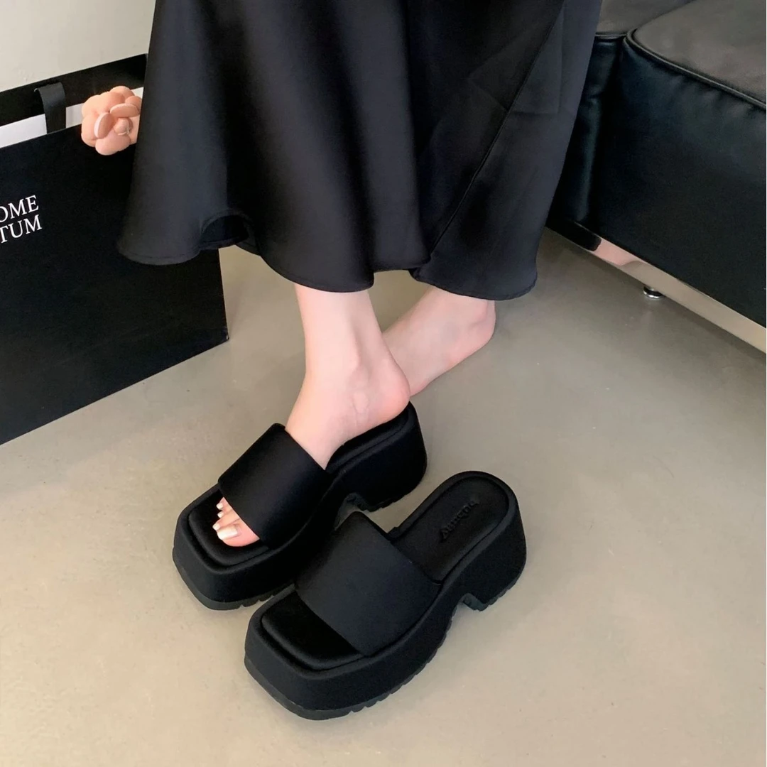 百搭166-2~2025年夏季新款方头露趾法式松糕厚底坡跟凉拖鞋女外穿