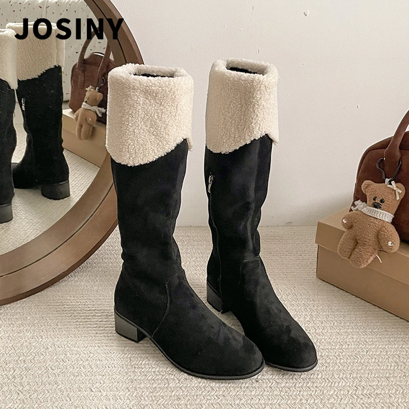 卓诗尼【品牌断码】羊毛版粗跟长筒靴女2025冬季加厚绒长靴子羊羔毛