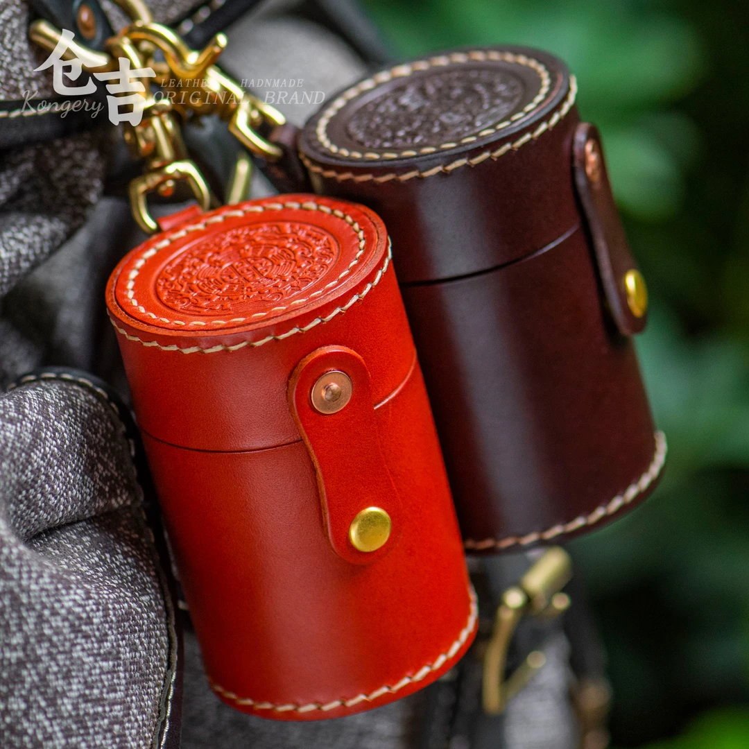 核桃收纳盒仓吉手工头层牛皮圆筒收纳罐腰包真皮文玩包男女送礼物