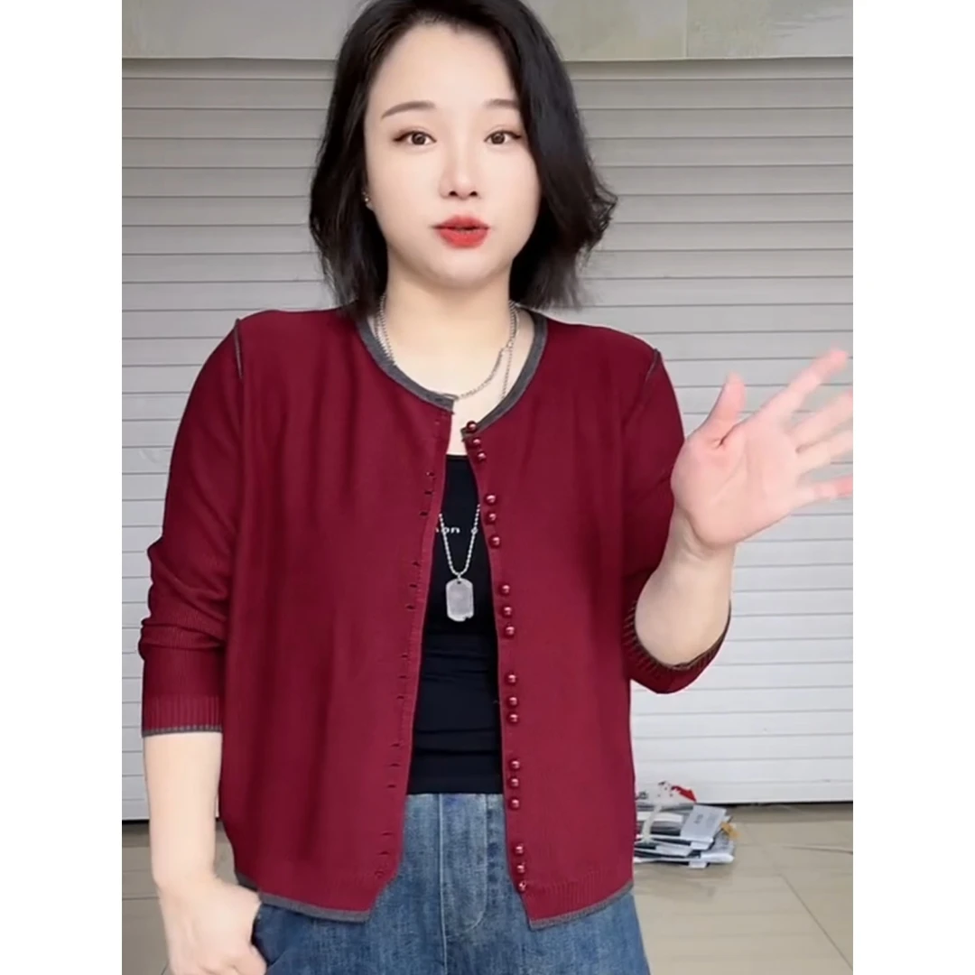 2025秋冬爆款复古拼色边针织双扣开衫女欧货圆领大码长袖减龄毛衣