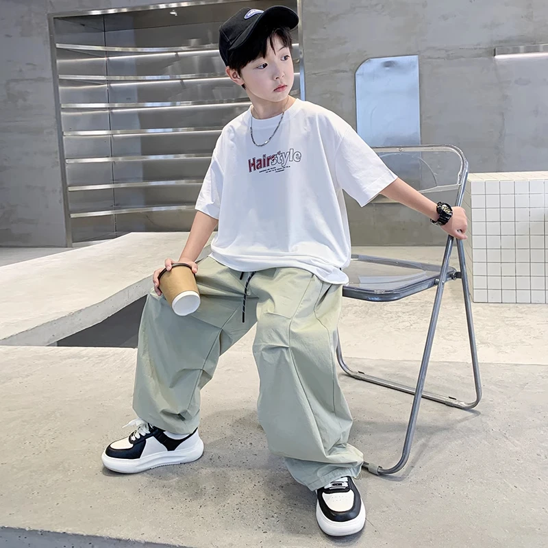 男童夏季长裤套装薄款2025新款儿童夏装短袖运动服大童夏款帅气潮