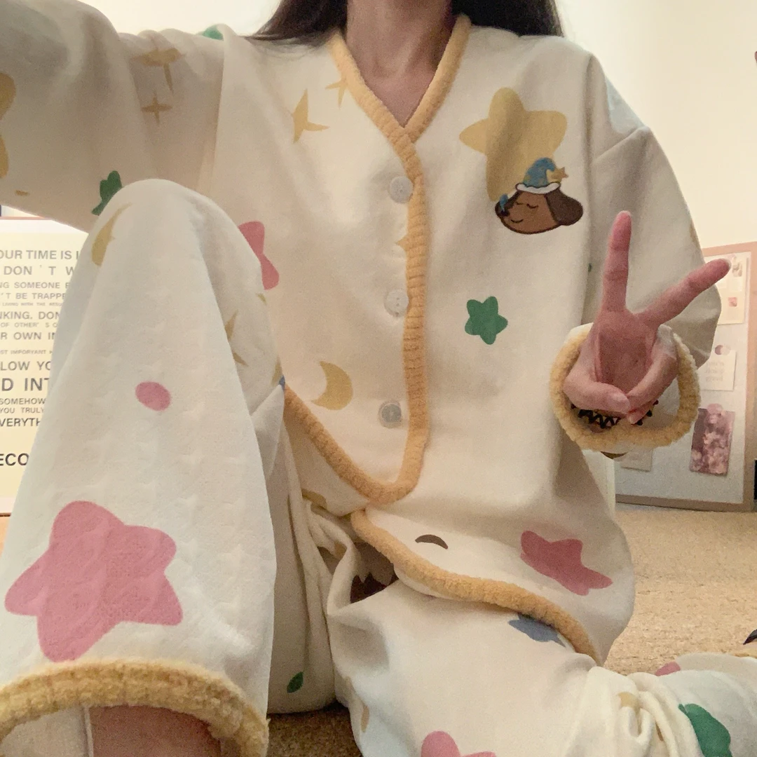 2025年秋冬季新款夹层睡衣女生加厚保暖空气棉星星小狗家居服套装