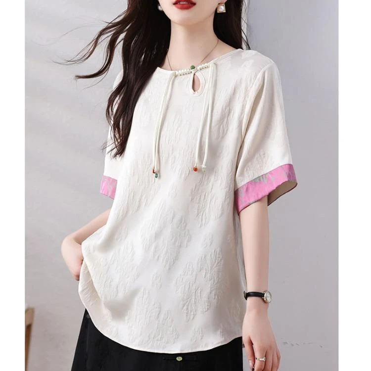 杜拉妮圆领提花拼接短袖T恤女夏季简约新中式百搭宽松雪纺上衣T恤