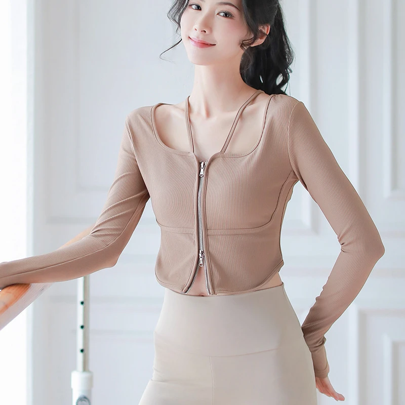 季款瑜伽服长袖修身罗纹指拉链健身外透瑜伽上衣