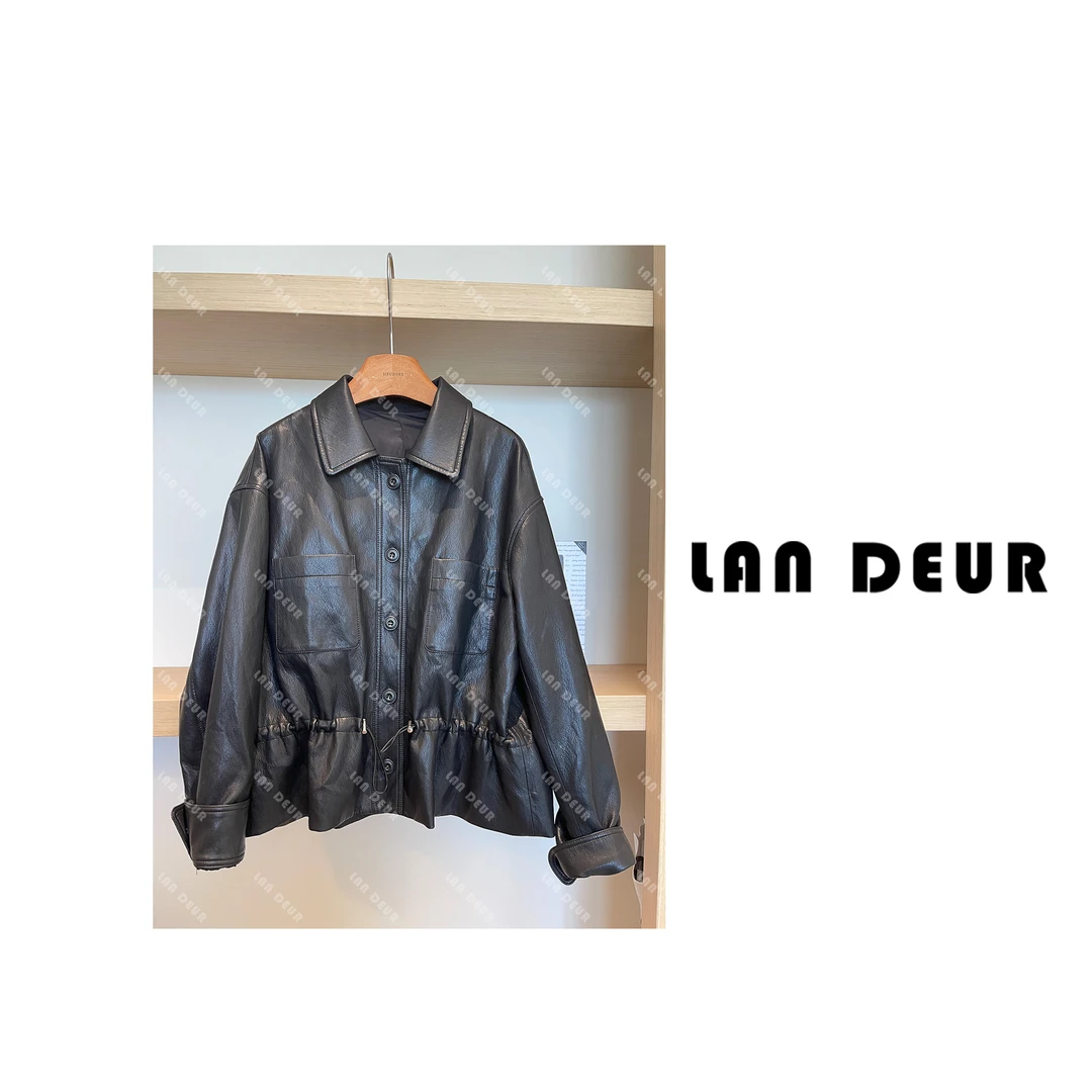 JIUJIU【挚爱出街】时尚休闲百搭气质女士黑色轻奢设计师翻领PU皮衣