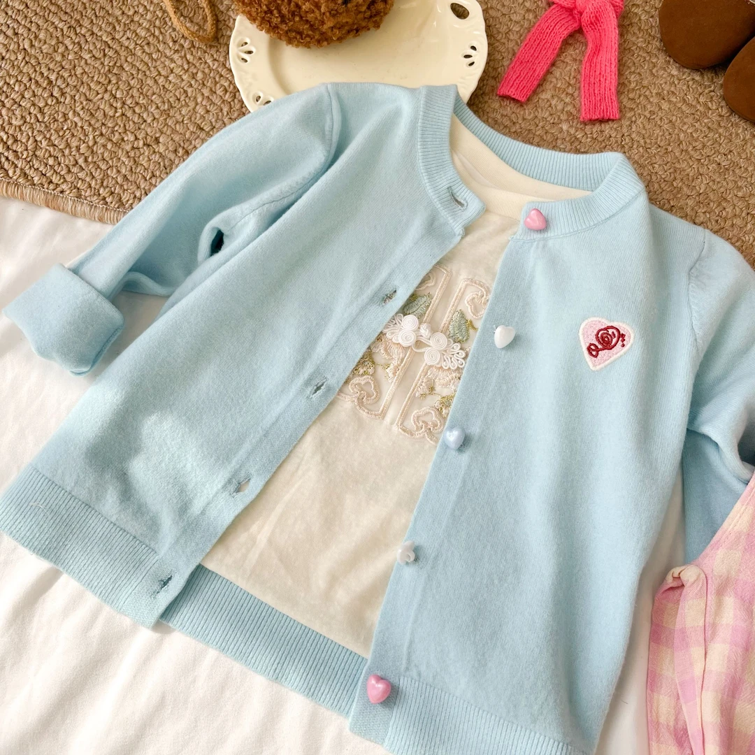 2025春季韩版儿童彩扣女童长袖宝宝女宝春秋百搭洋气薄款针织衫