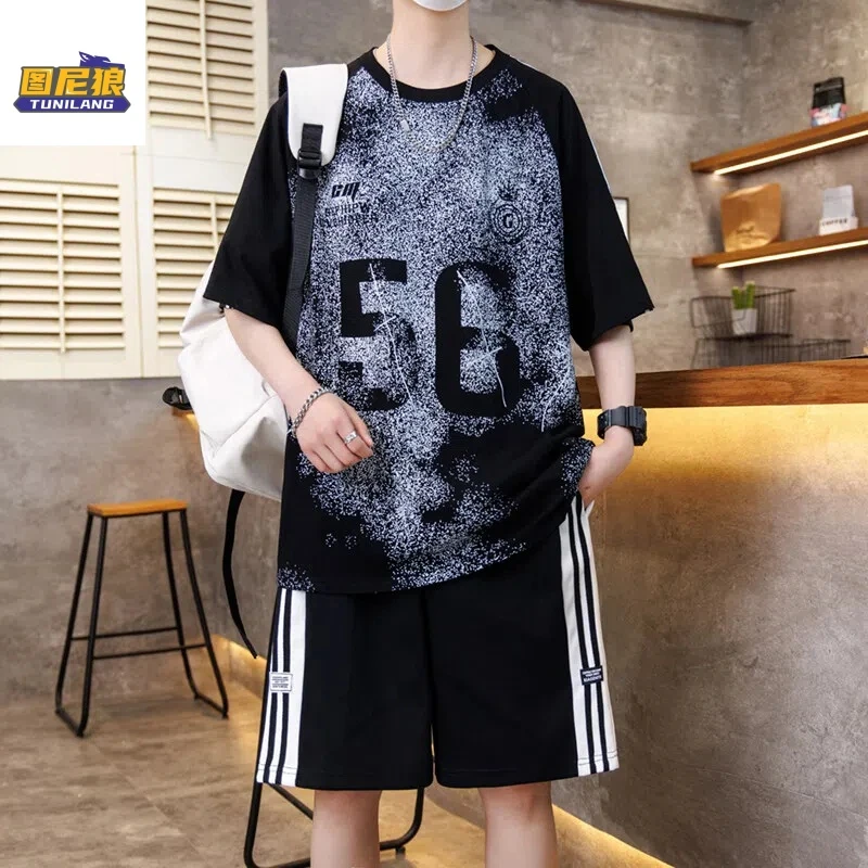 图尼狼夏季新款男生短袖套装青少年时尚潮流印花宽松休闲两件套