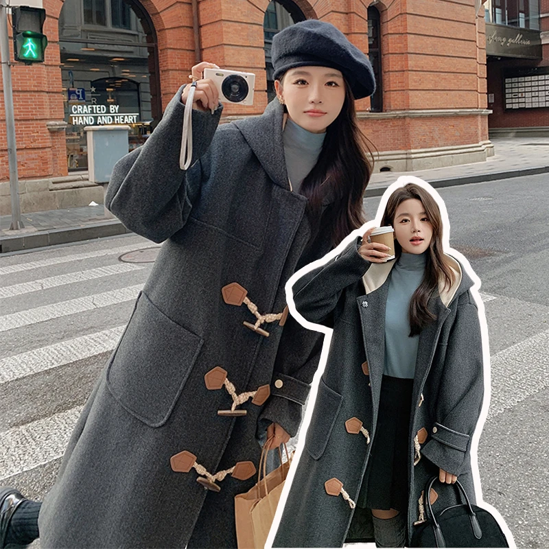 潮碧梵特大码牛角扣毛呢外套女胖mm中长款冬季新款胖mm韩系大衣潮