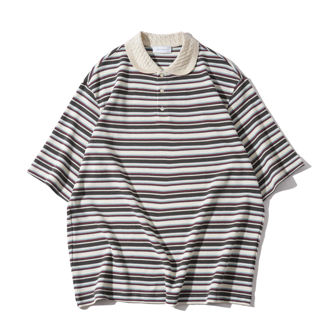 260克 粗条纹经典时尚文艺宽松短袖polo衬衫 3178